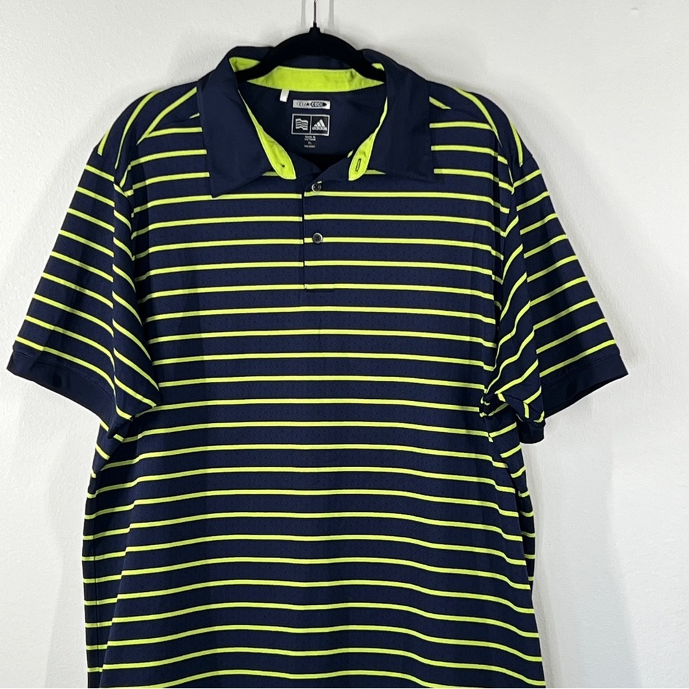 ADIDAS ClimaCool Men’s XL Navy Gold Striped Short Sleeve Polo Shirt Top